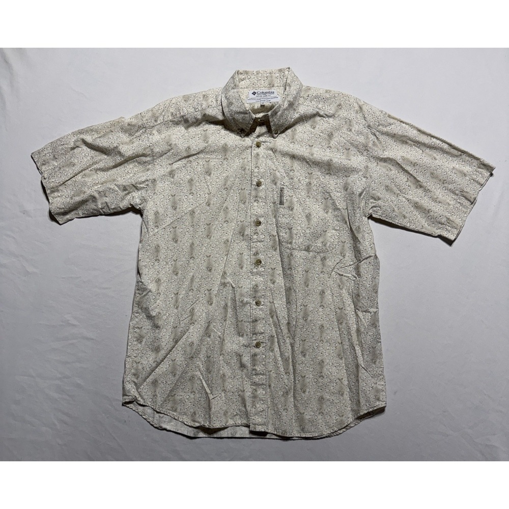 Vintage Columbia Sportswear Button Up Shirt Medium Cream Fish Bone Pattern Cotto